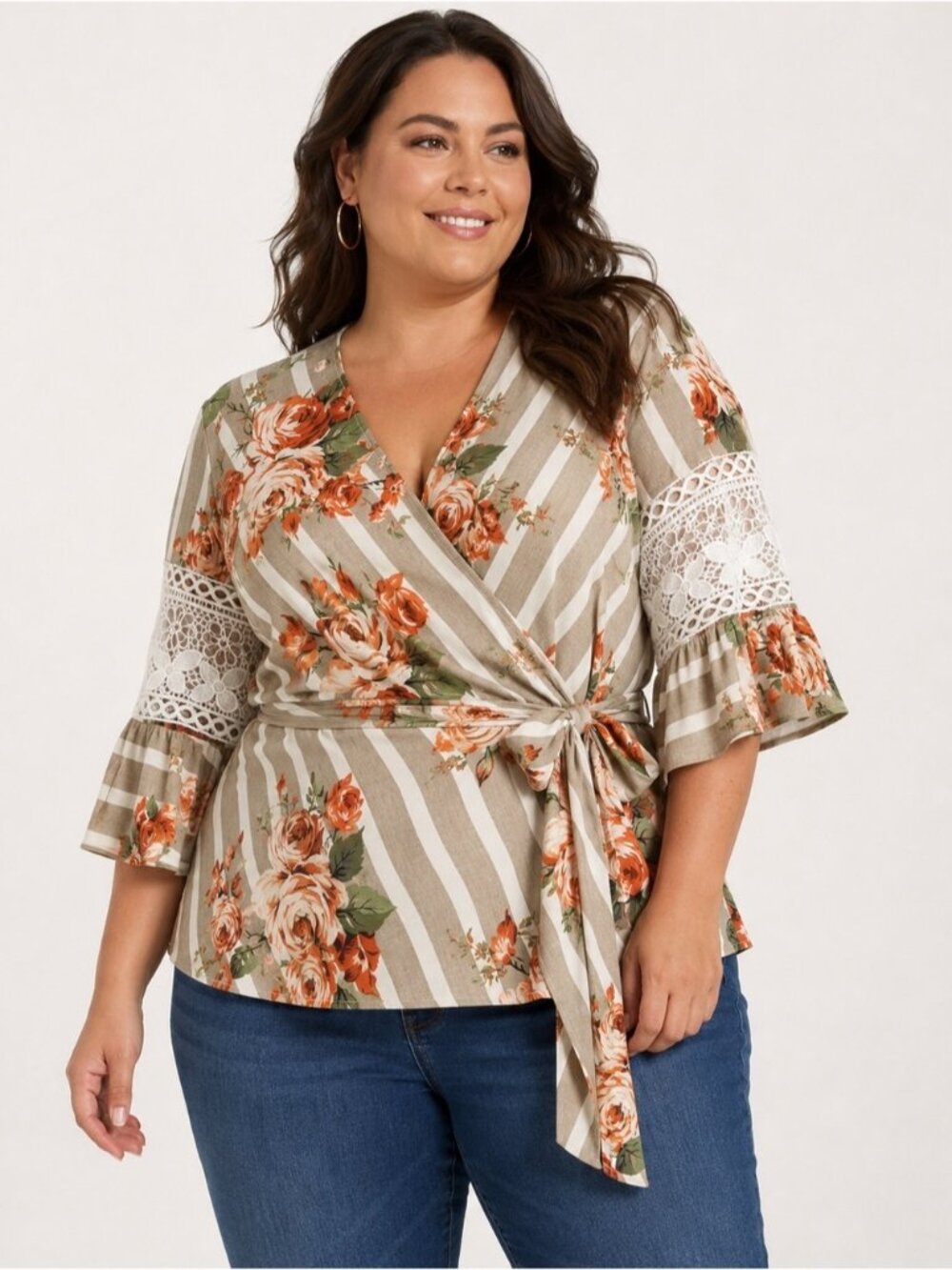 Suzanne Betro Kimono Sleeve Floral Lqce Boho Wrap Belt Blouse Top Shirt Size 2X